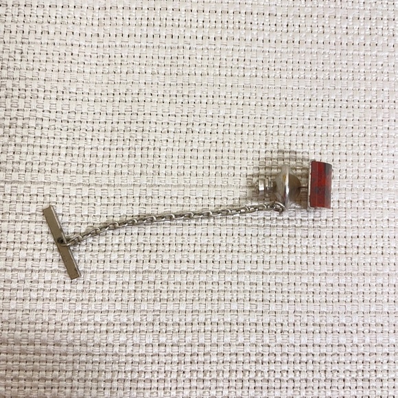Vintage Natural Jasper Gemstone Tie Tack Pin Silver Tone Chain/Wrap - Picture 3 of 5